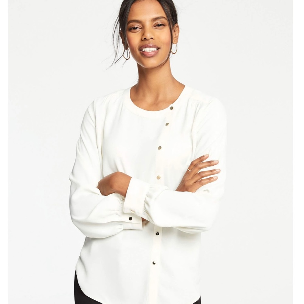 Ann Taylor ASYMMETRIC SNAP BLOUSE IN WINTER WHITE